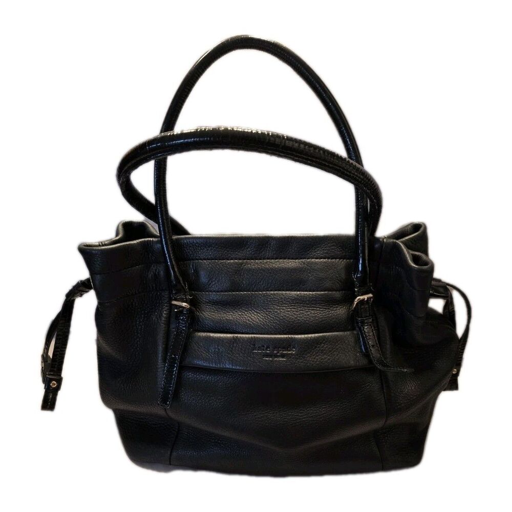 KATE SPADE Black Pebbled Leather Silver Accent Purse Handbag Large Drawstring